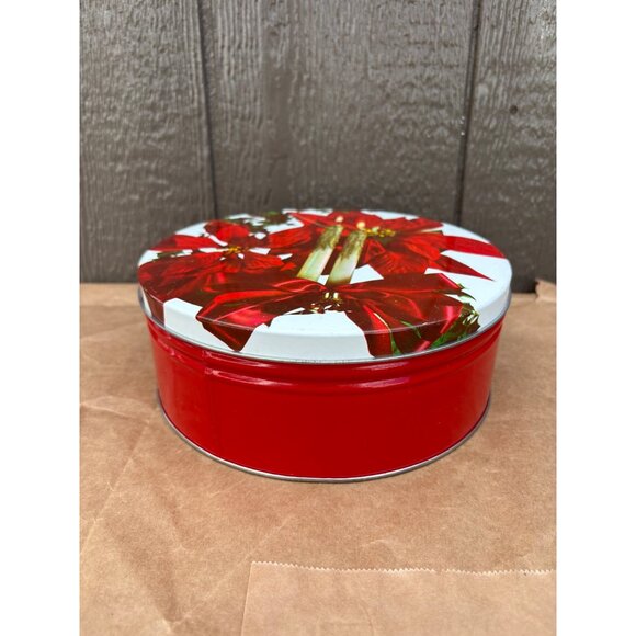 Vintage Red Holiday Tin With Poinsettias & Candle 8" D Winter Christmas - Picture 2 of 8